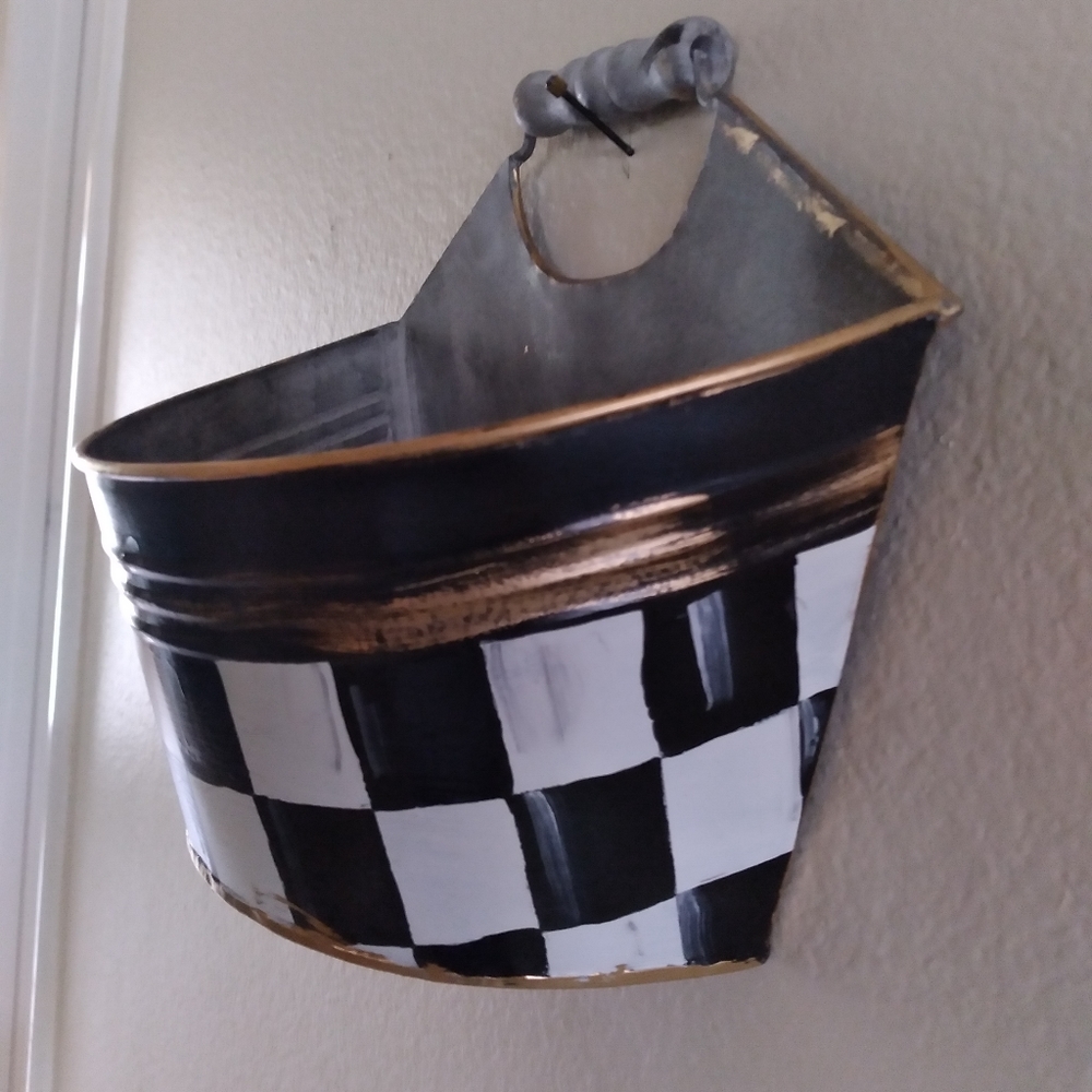 Whimsical Metal Wall planter 8 x 6 " Black & White Checks Hand Painted by me